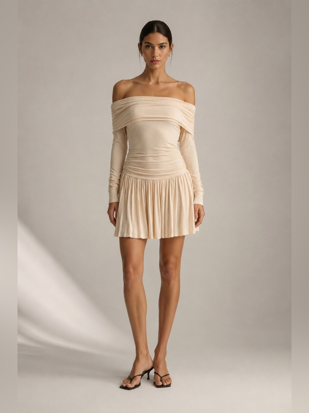 Lioness Field of Dreams Mini Dress Oatmeal Off Shoulder Ruched Pleated Medium